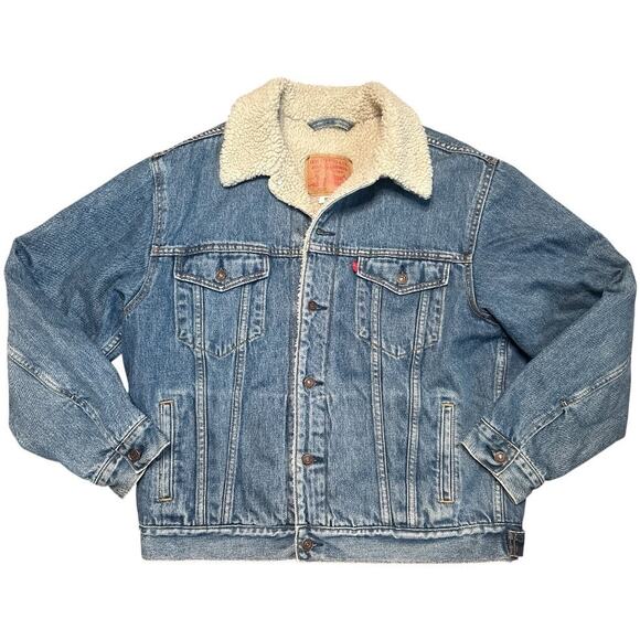 VTG Levis Denim Jacket Men Size XL Blue Cotton Sherpa Lined Snap Up Flap Pockets - Picture 1 of 3